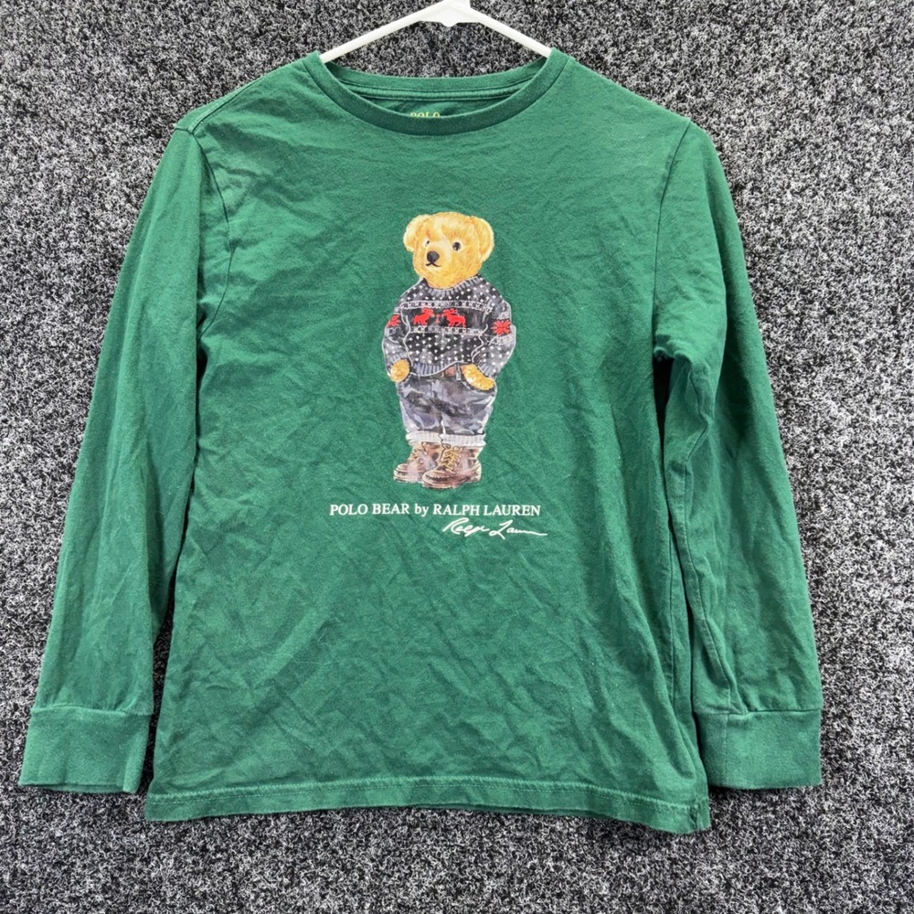 Polo Ralph Lauren Kids Polo Bear Long‎ Sleeve T-Shirt Green Size M 10-12 Cotton
